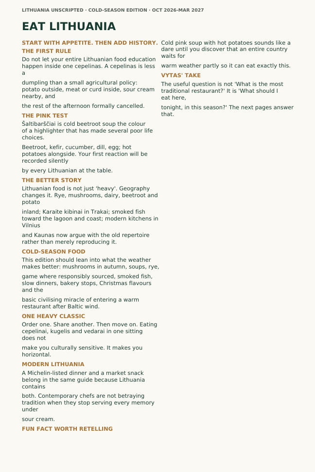 A page from the handbook about eating in Lithuania