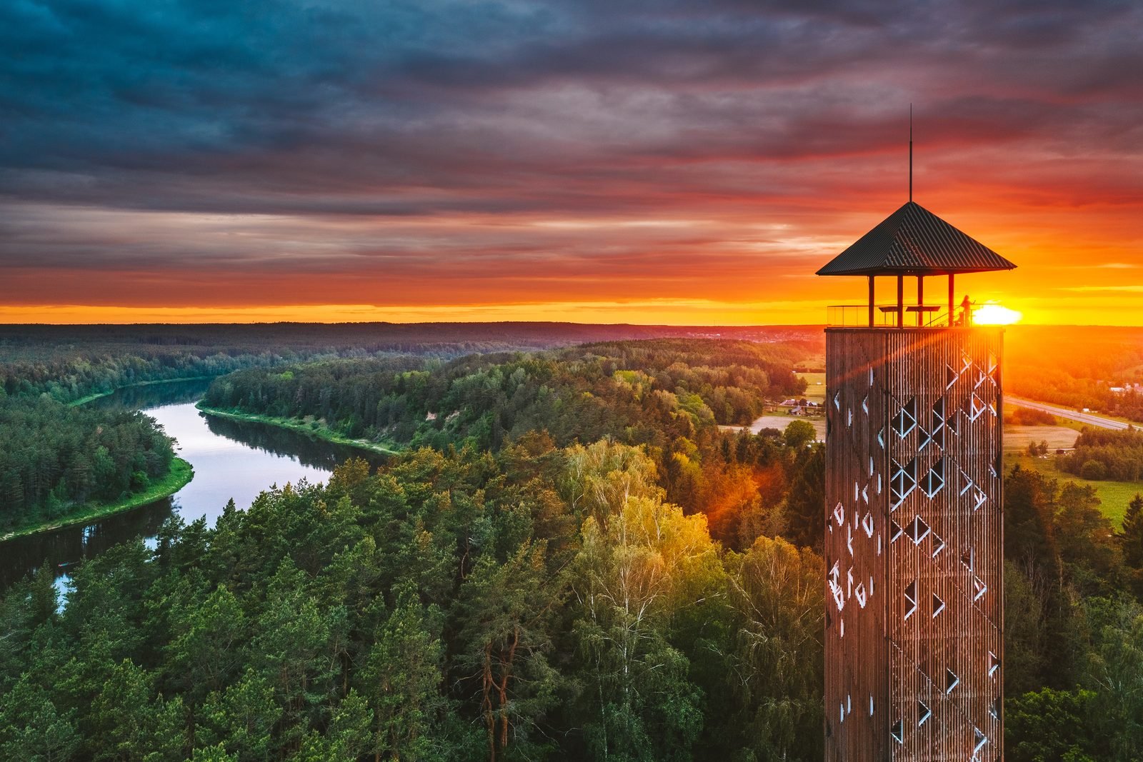Birštonas observation tower above the Nemunas landscape at sunset, photographed in 2020