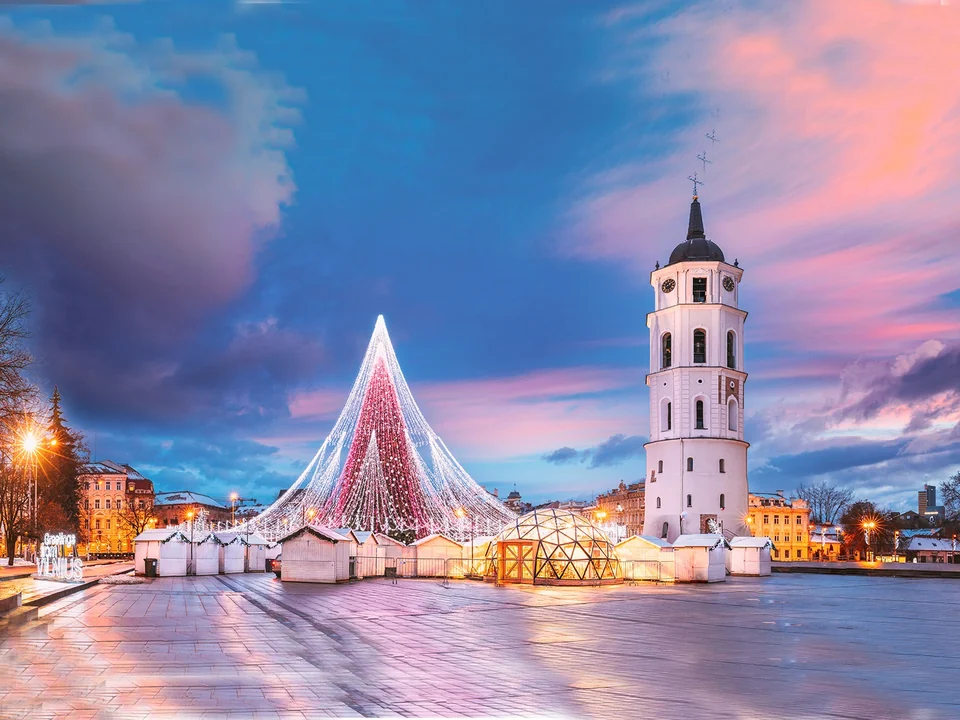 Christmas market and illuminated tree in Vilnius Cathedral Square at dusk