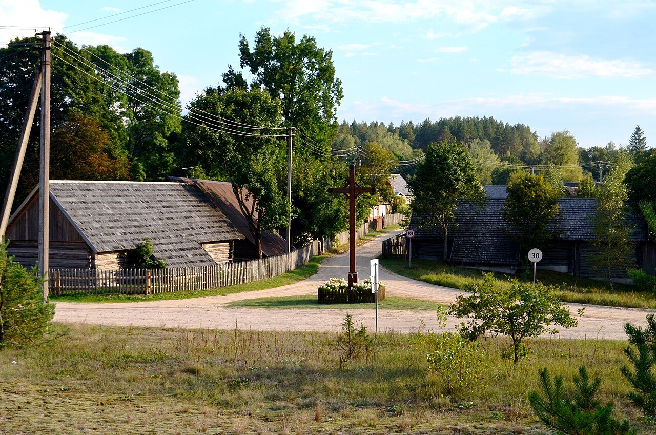 Traditional wooden village landscape in Zervynos, Dzūkija